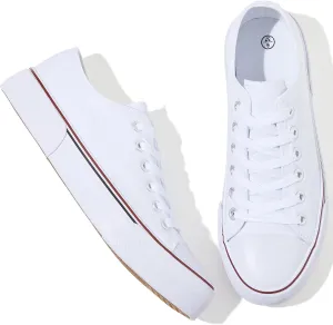 Adokoo Canvas Tennis Shoes for Women Low Top Casual White Black Sneakers for Women Lace Up Fashion Comfortable Walking Shoes