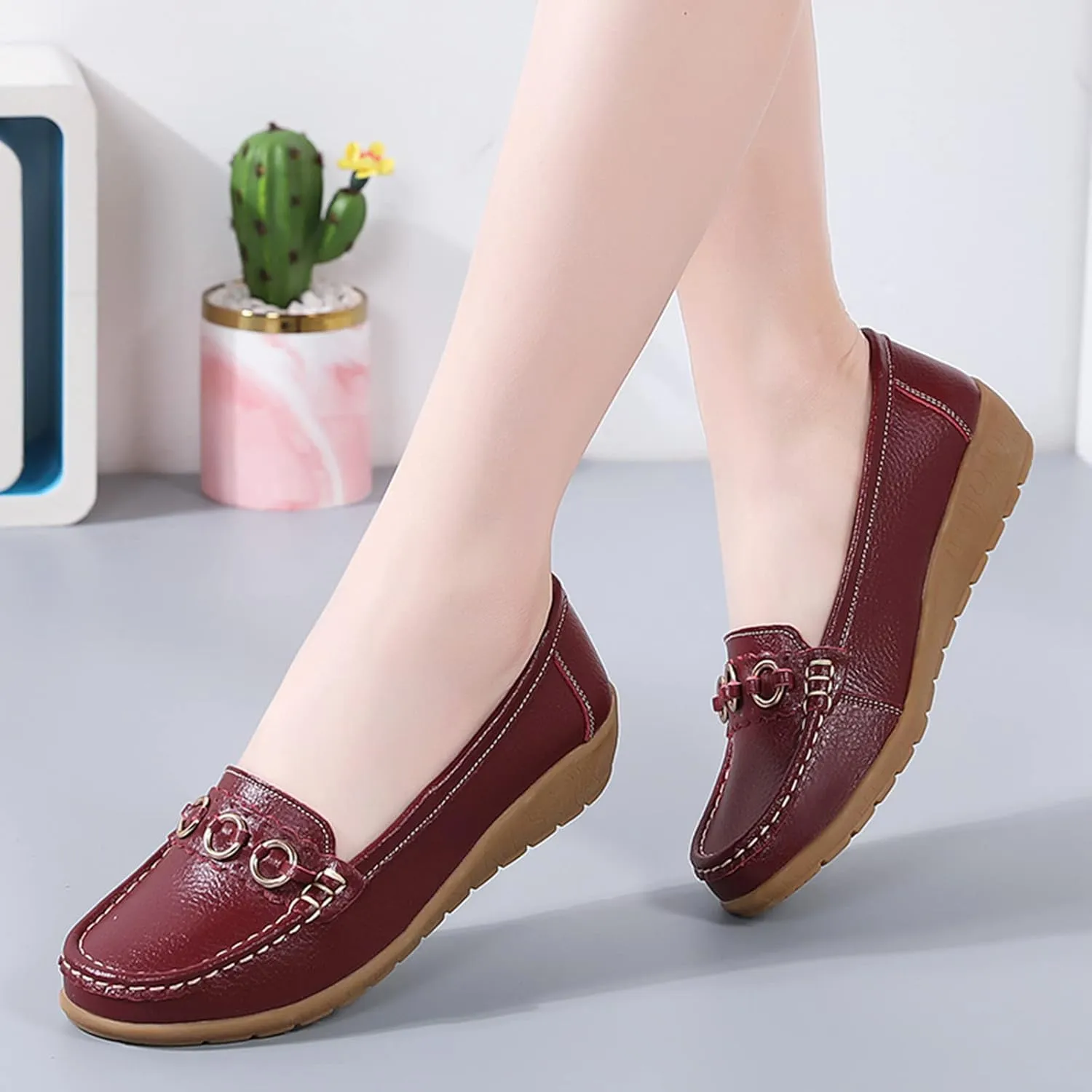 AMDBEL Flats Shoes Women Dressy Comfortable Women's Leather Casual Penny Loafers Slip-On Walking Driving Boat Flat Shoes