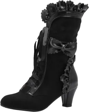 Ankle Boots for Women, Vintage Lace Up Victorian Boots Dress Riding Fall Shoes Witch Mid Calf Up Combat Boot With Bow