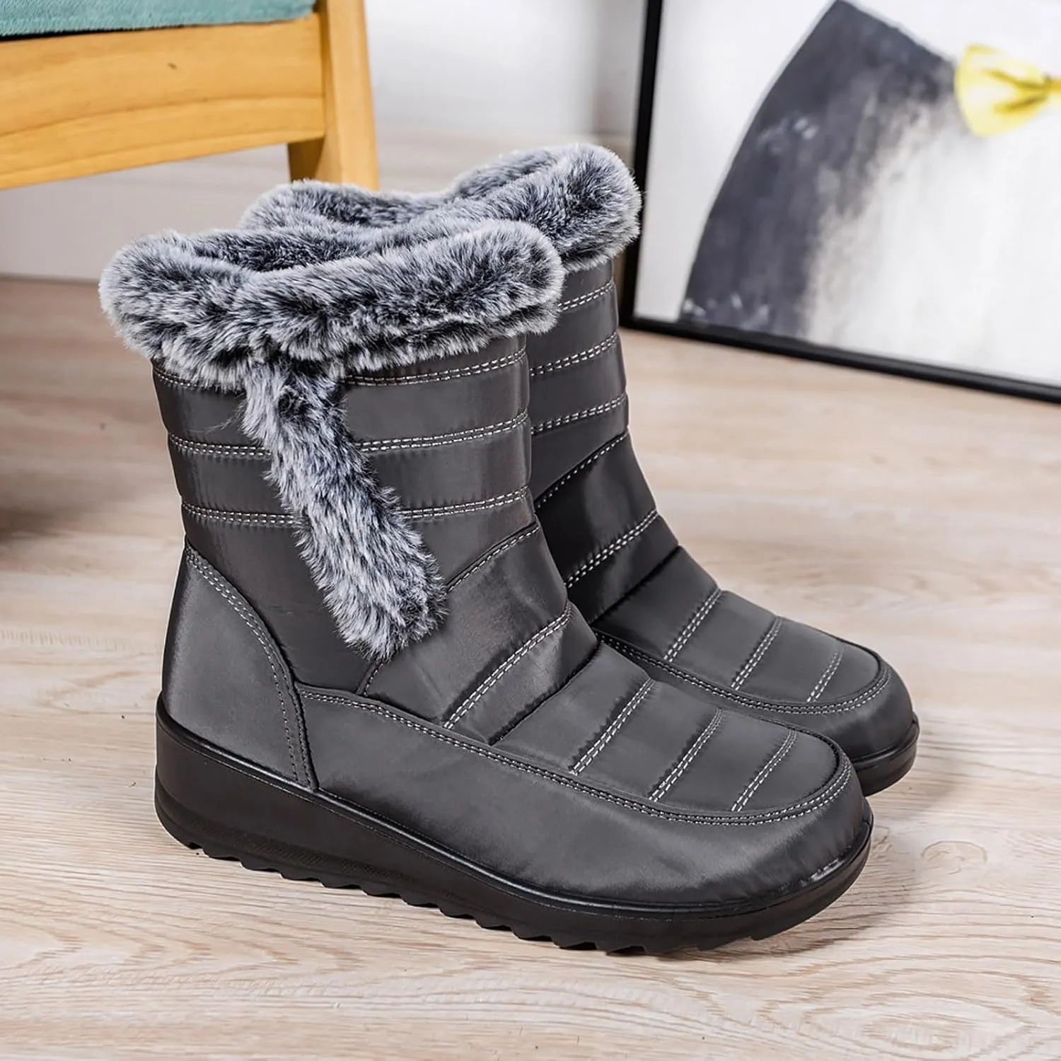 Ankle Boots for Women Warm Fur Lined Winter Snow Boots Outdoor Comfortable Flat Booties Leather Round Toe Booties