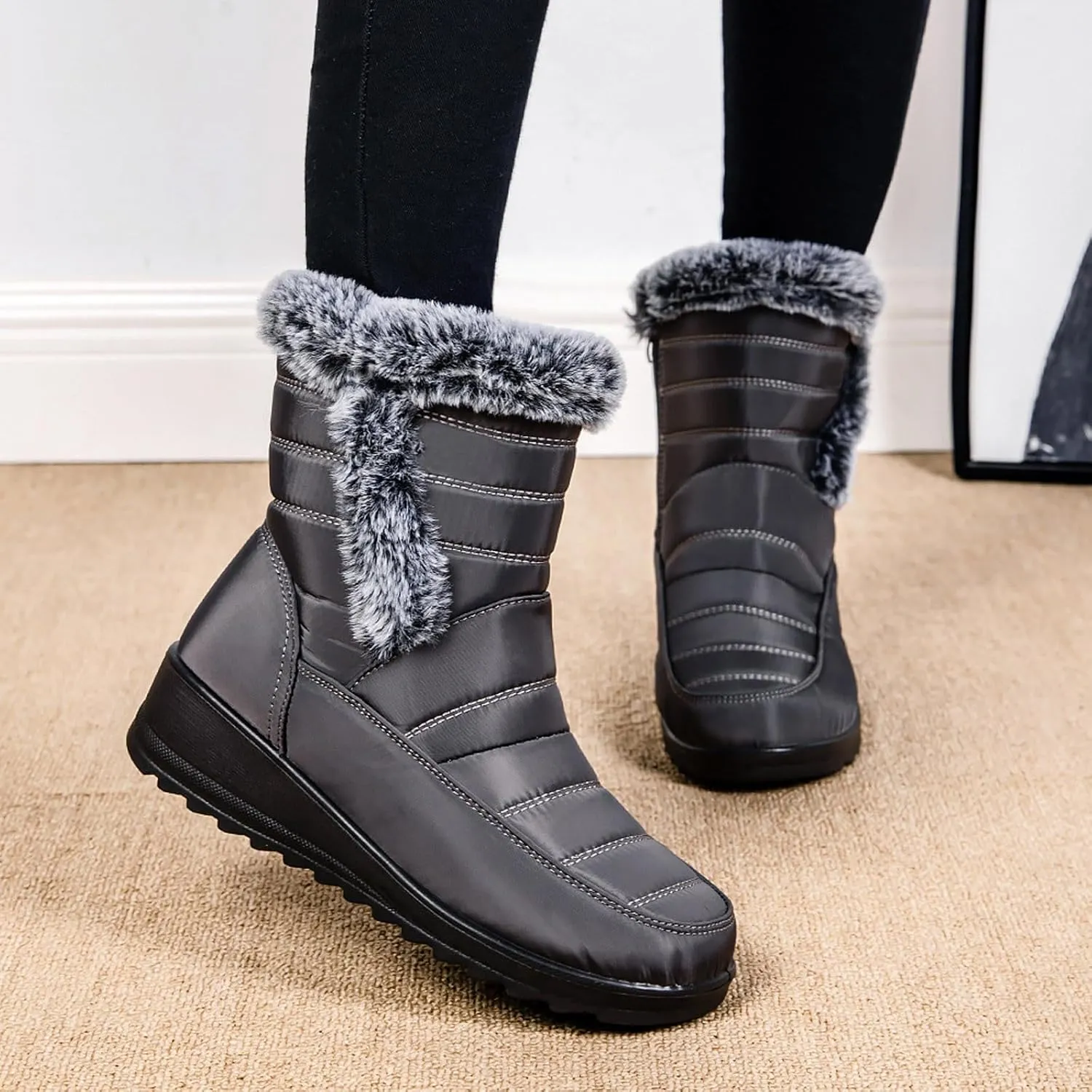 Ankle Boots for Women Warm Fur Lined Winter Snow Boots Outdoor Comfortable Flat Booties Leather Round Toe Booties