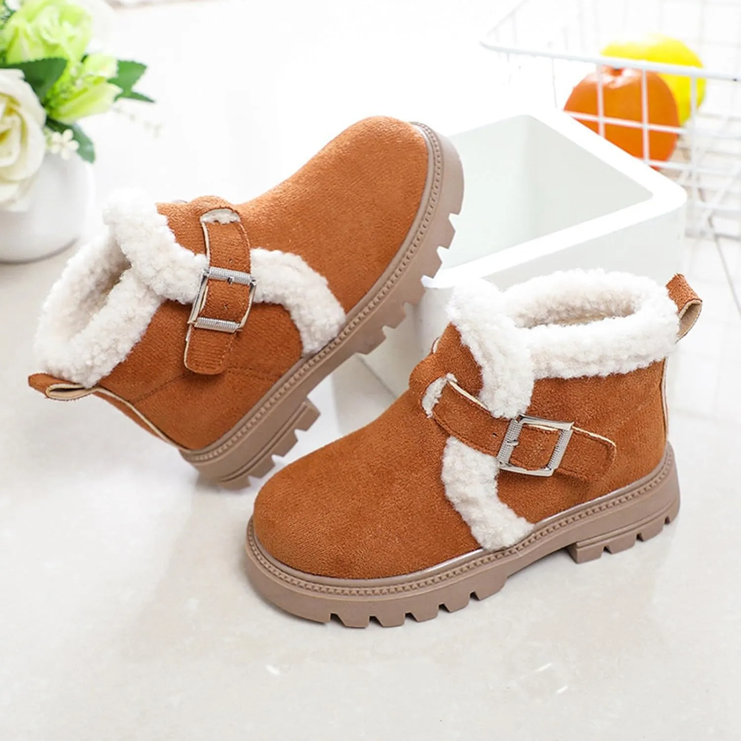 Boots for Girls Snow Boots Kids Winter Slip on Comfort Warm Puffy Faux Fur Lined Ankle Shoes for Little/Big Kid