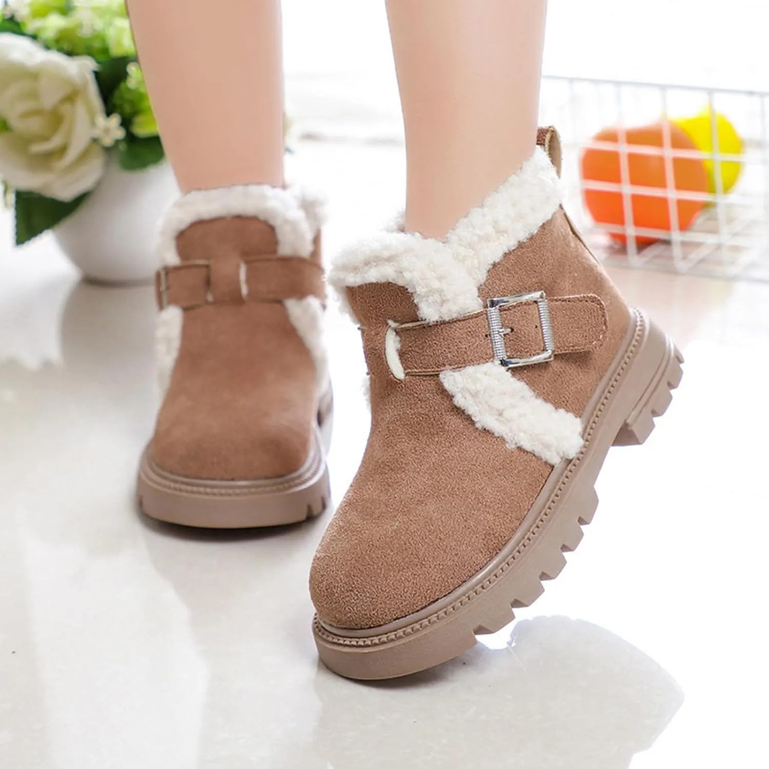 Boots for Girls Snow Boots Kids Winter Slip on Comfort Warm Puffy Faux Fur Lined Ankle Shoes for Little/Big Kid