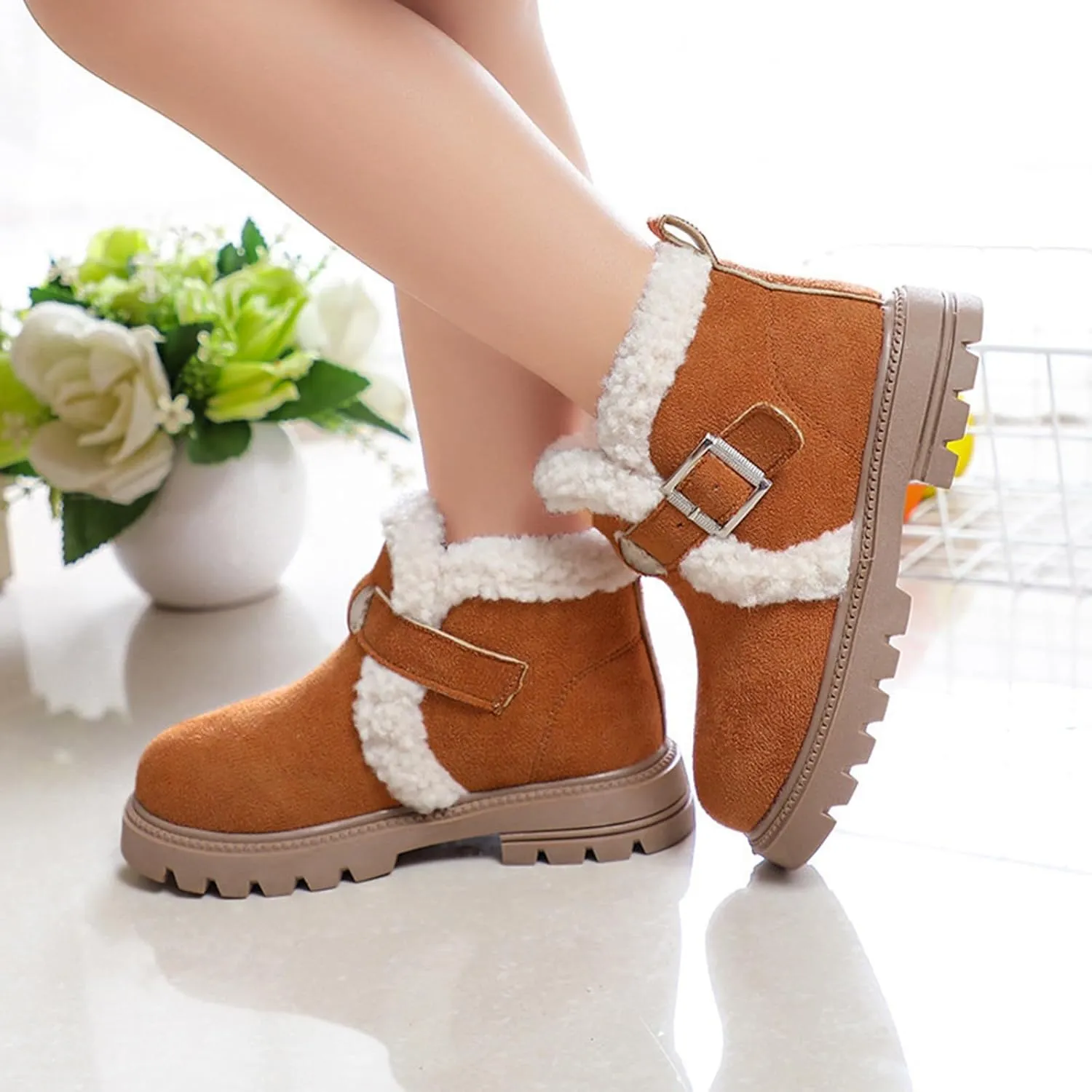 Boots for Girls Snow Boots Kids Winter Slip on Comfort Warm Puffy Faux Fur Lined Ankle Shoes for Little/Big Kid