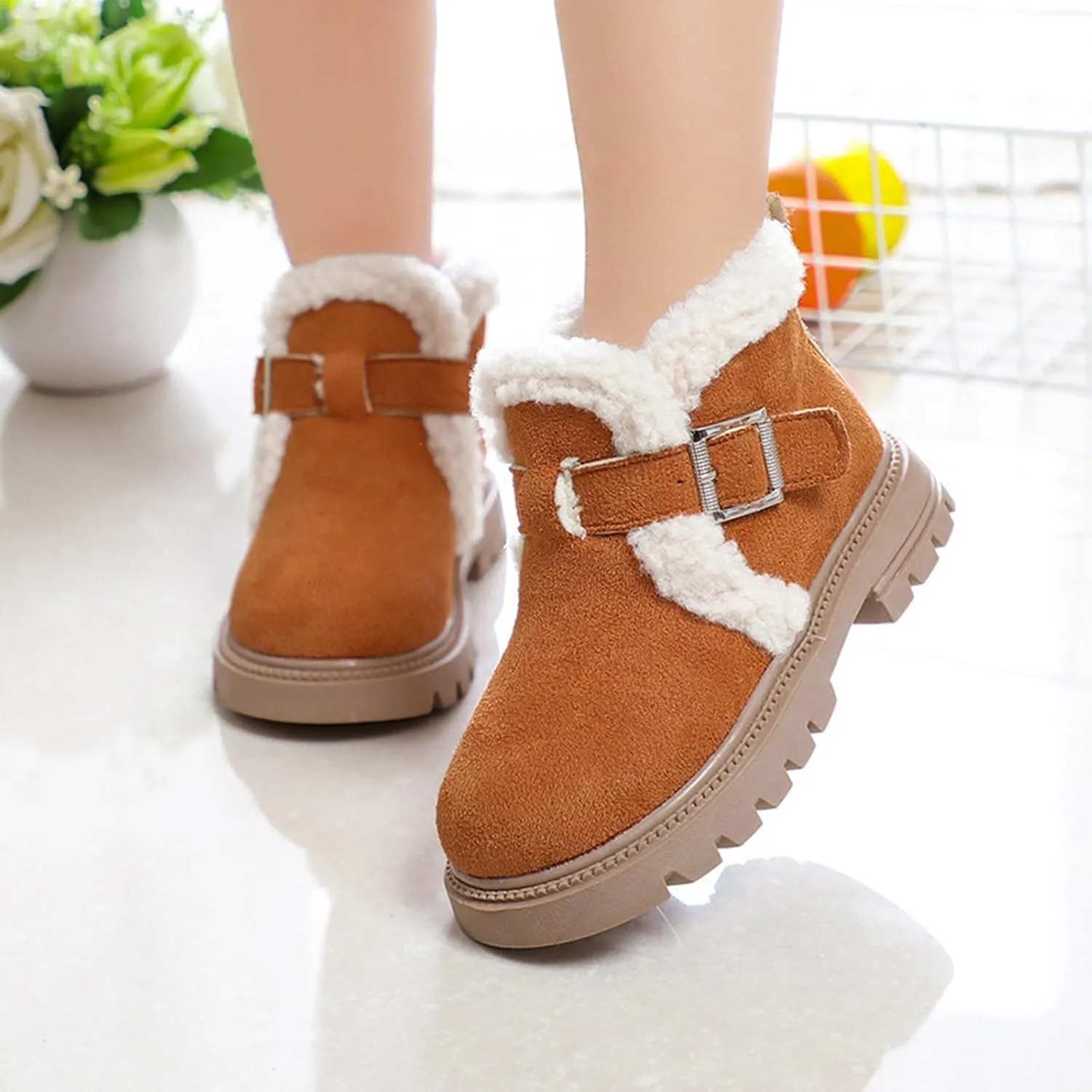 Boots for Girls Snow Boots Kids Winter Slip on Comfort Warm Puffy Faux Fur Lined Ankle Shoes for Little/Big Kid