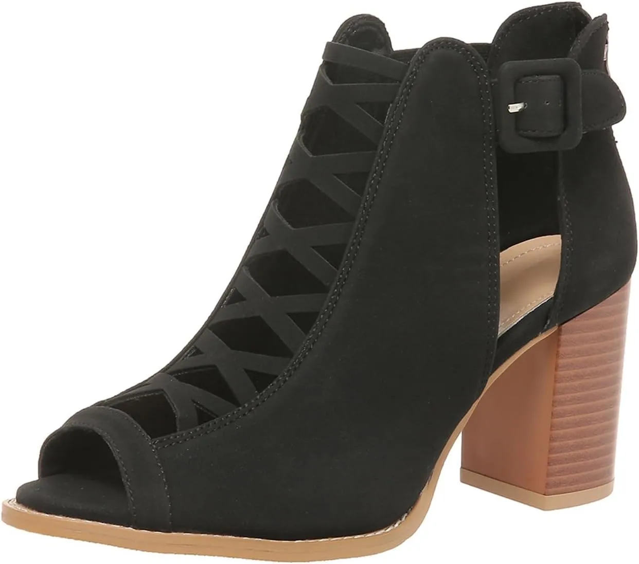 BORAMAX Womens Open Toe Heel Sandal,Fashion Buckle Strap Chunky High Heel Sandals Faux Suede Cutout Black High Heel Party Dress Booties