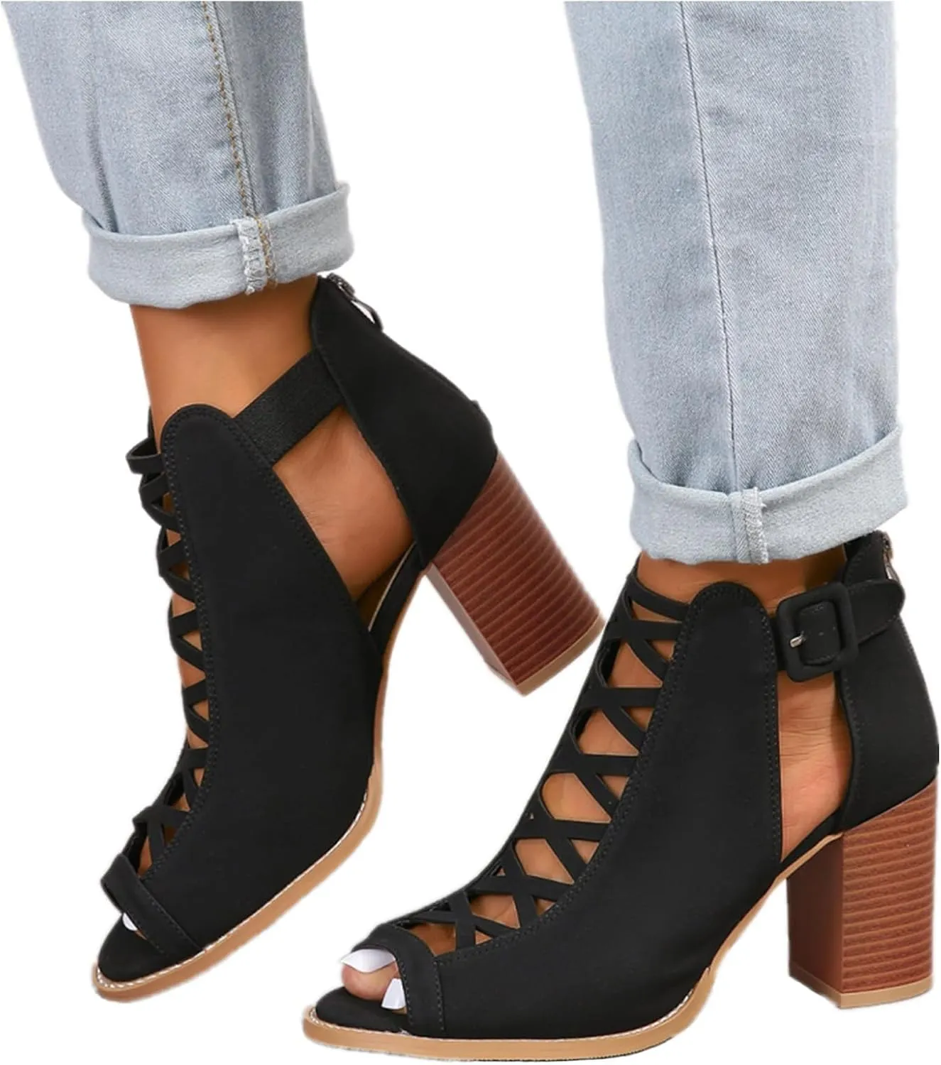 BORAMAX Womens Open Toe Heel Sandal,Fashion Buckle Strap Chunky High Heel Sandals Faux Suede Cutout Black High Heel Party Dress Booties