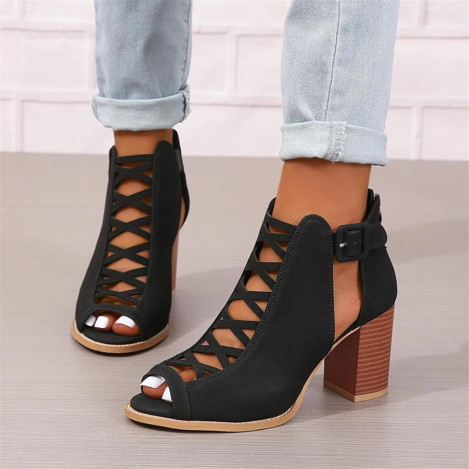 BORAMAX Womens Open Toe Heel Sandal,Fashion Buckle Strap Chunky High Heel Sandals Faux Suede Cutout Black High Heel Party Dress Booties