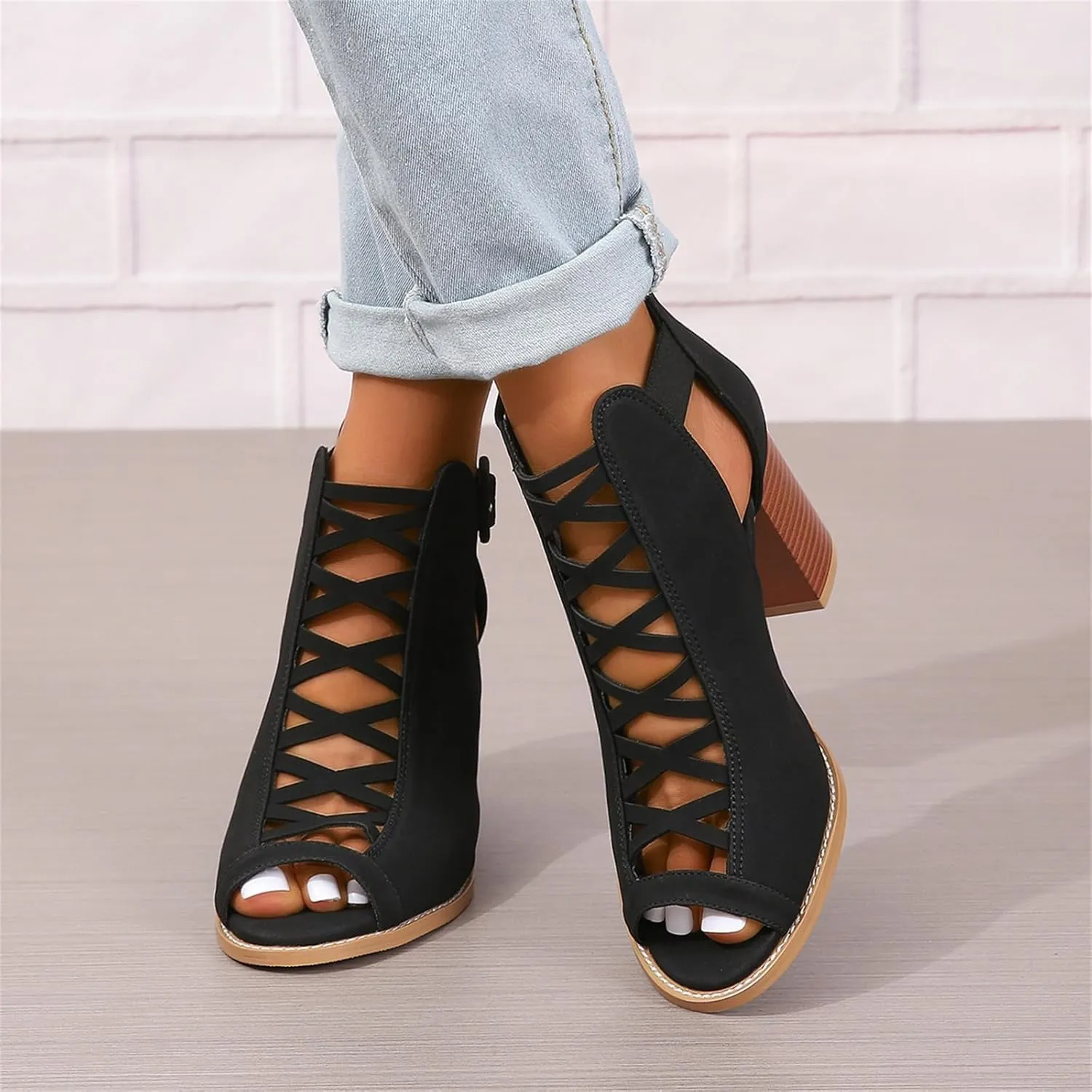 BORAMAX Womens Open Toe Heel Sandal,Fashion Buckle Strap Chunky High Heel Sandals Faux Suede Cutout Black High Heel Party Dress Booties