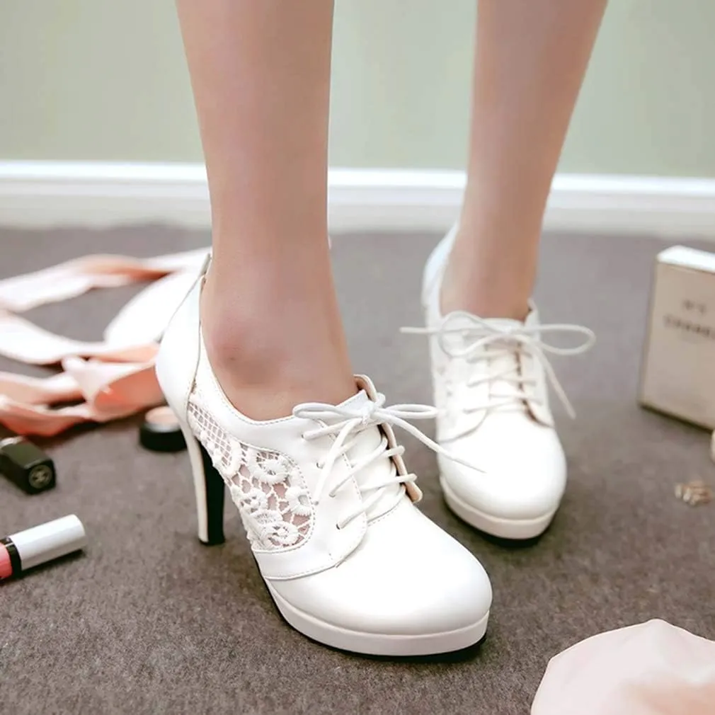 Bubumei Women Lace Up Stiletto High Heel Pumps Platform Sexy Closed Toe Court Shoes