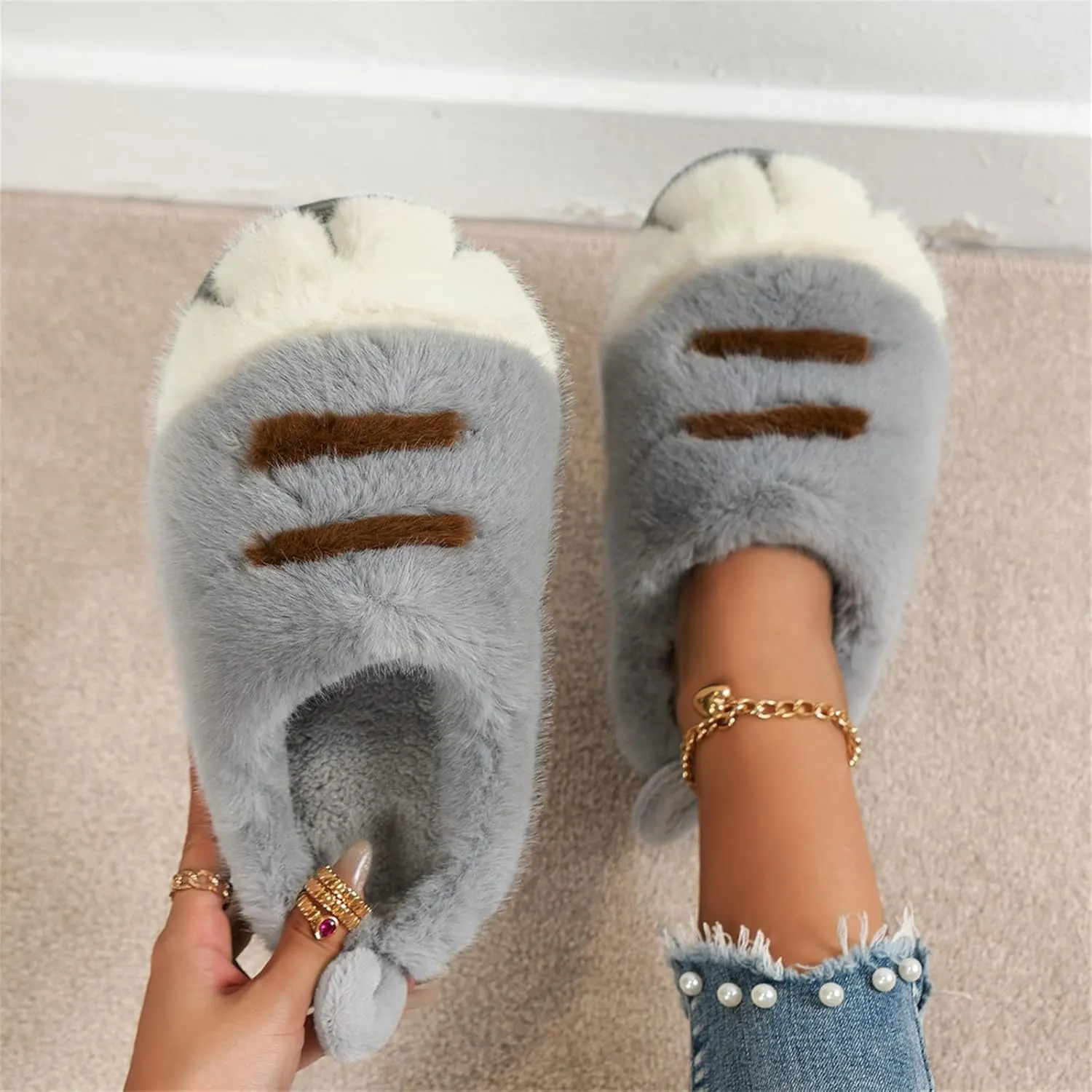 Cat Paw Slippers, Cat Slippers for Women 3D Cat Paw Cartoon Slipper Warm Fluffy Furry Winter Indoor Outdoor Slides