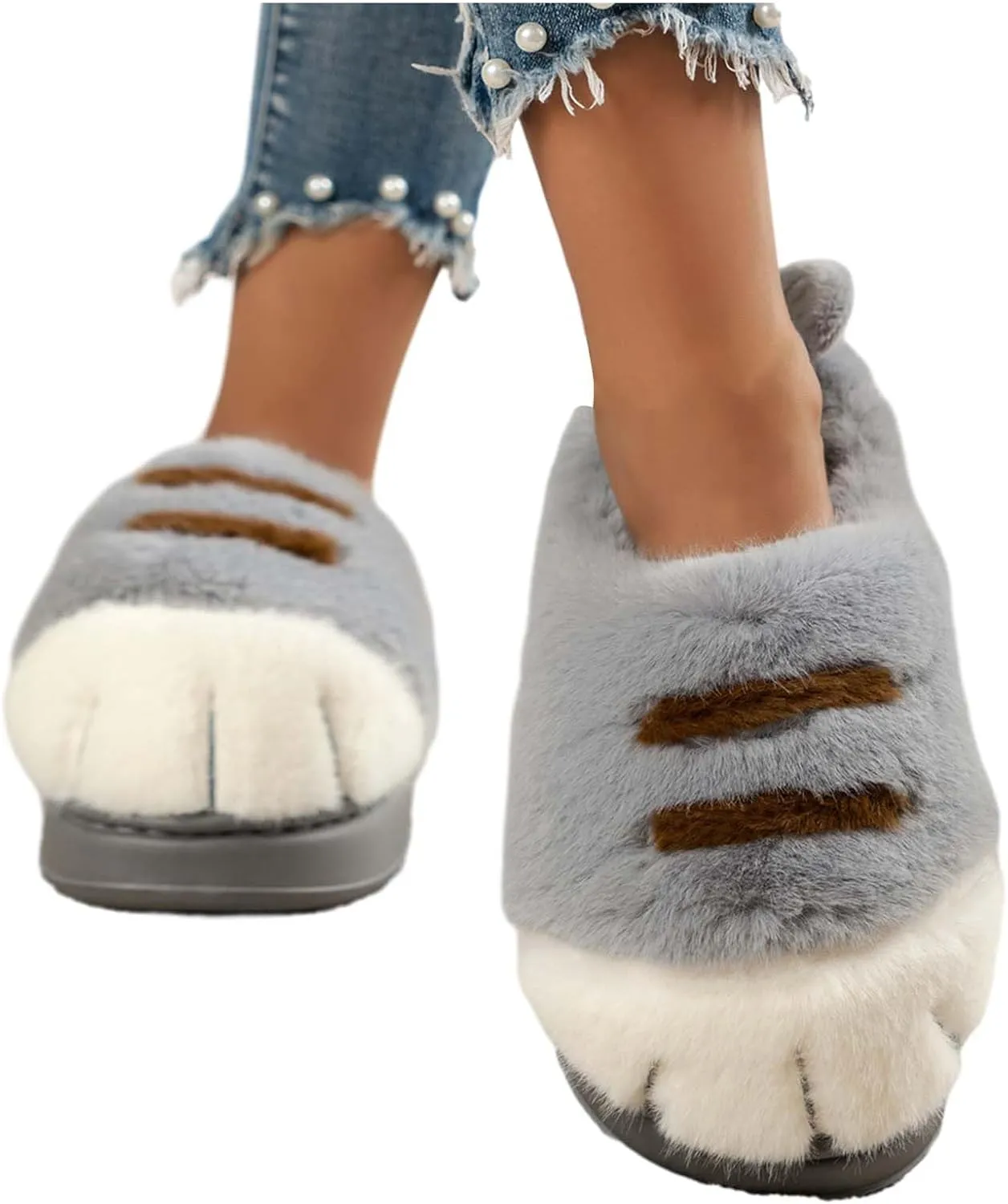 Cat Paw Slippers, Cat Slippers for Women 3D Cat Paw Cartoon Slipper Warm Fluffy Furry Winter Indoor Outdoor Slides
