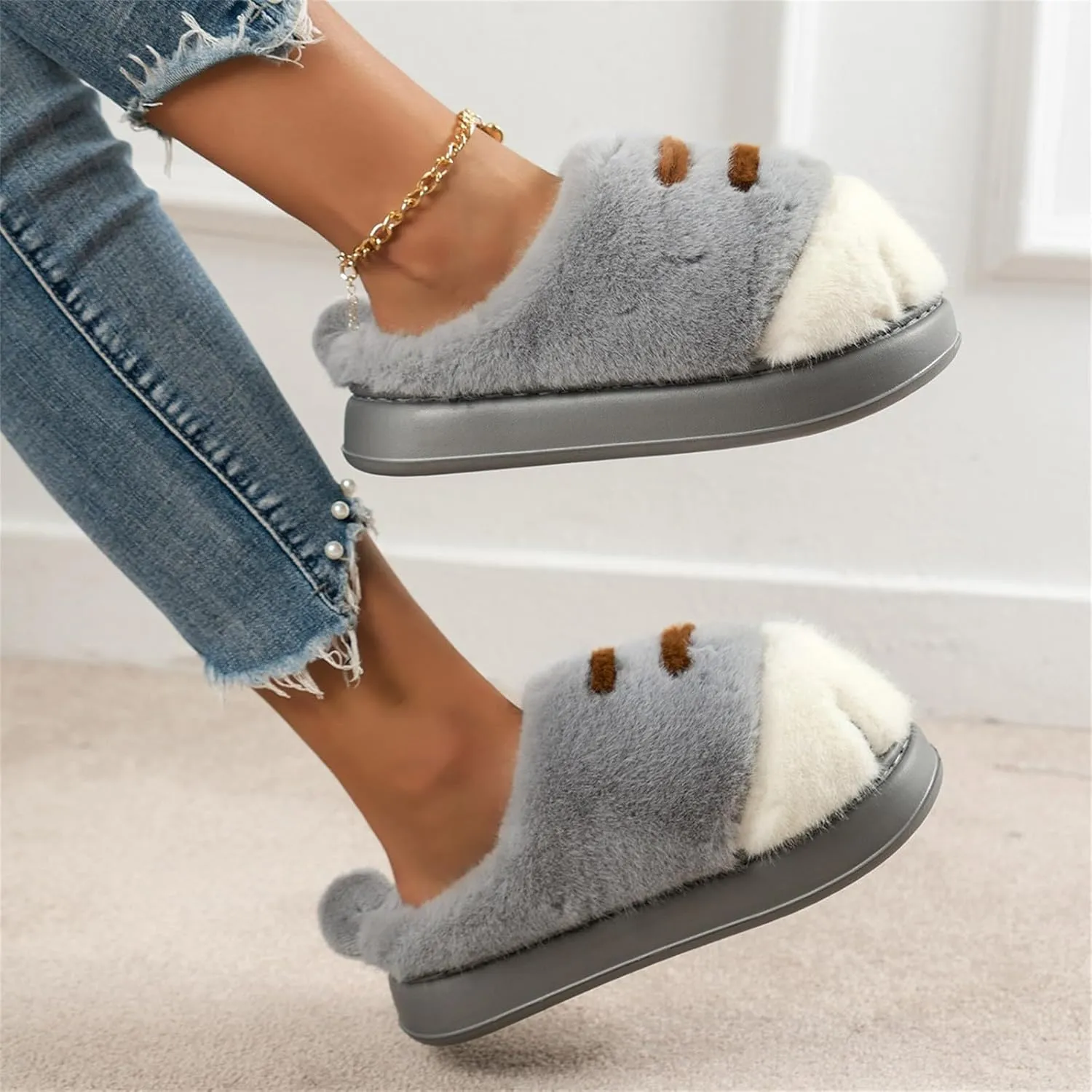 Cat Paw Slippers, Cat Slippers for Women 3D Cat Paw Cartoon Slipper Warm Fluffy Furry Winter Indoor Outdoor Slides