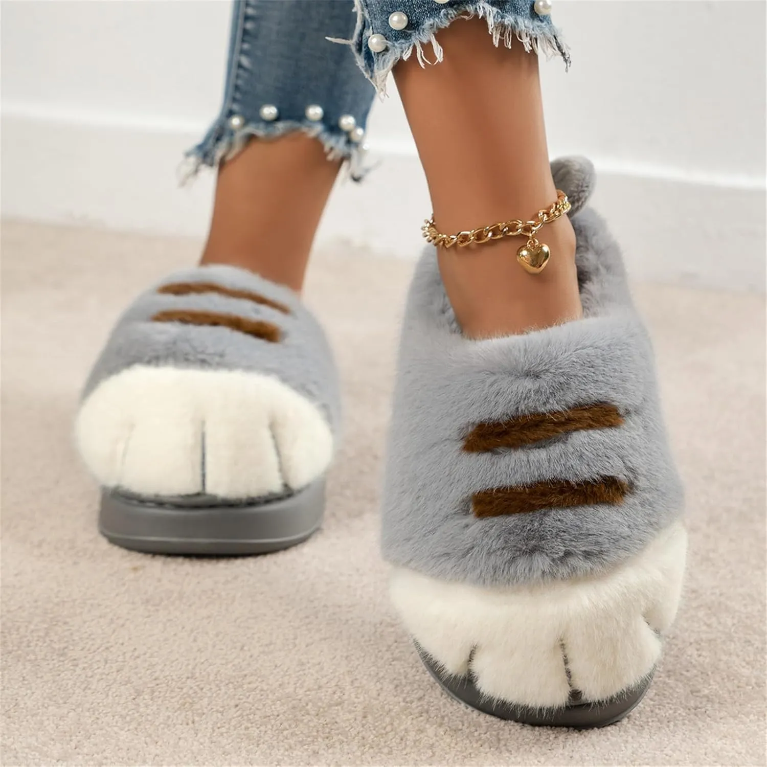 Cat Paw Slippers, Cat Slippers for Women 3D Cat Paw Cartoon Slipper Warm Fluffy Furry Winter Indoor Outdoor Slides