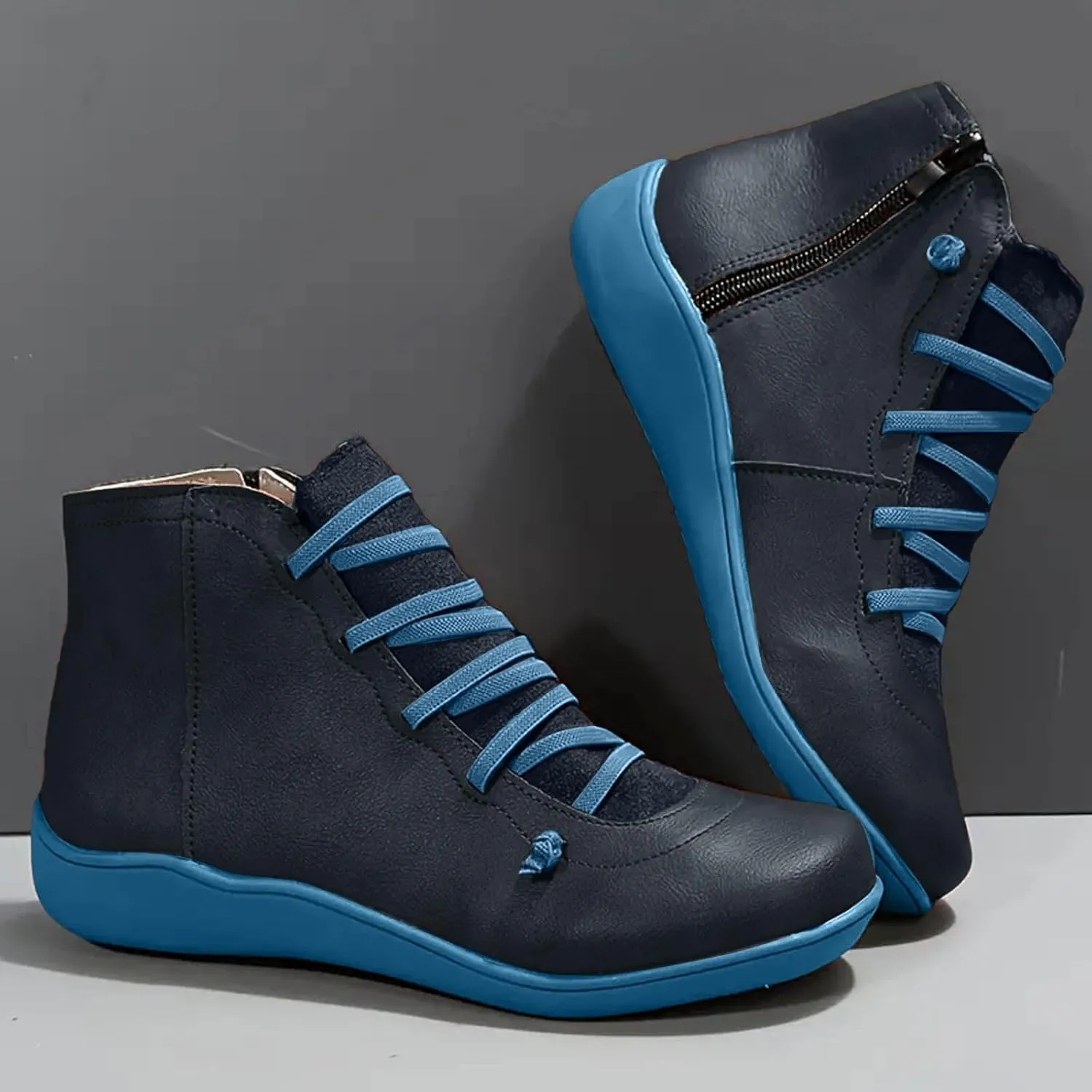 Cathalem Ankle Boots for Women Fall Arch Support Booties Side Zip-up Vintage Leather Damping Shoes Flat Heel Booties