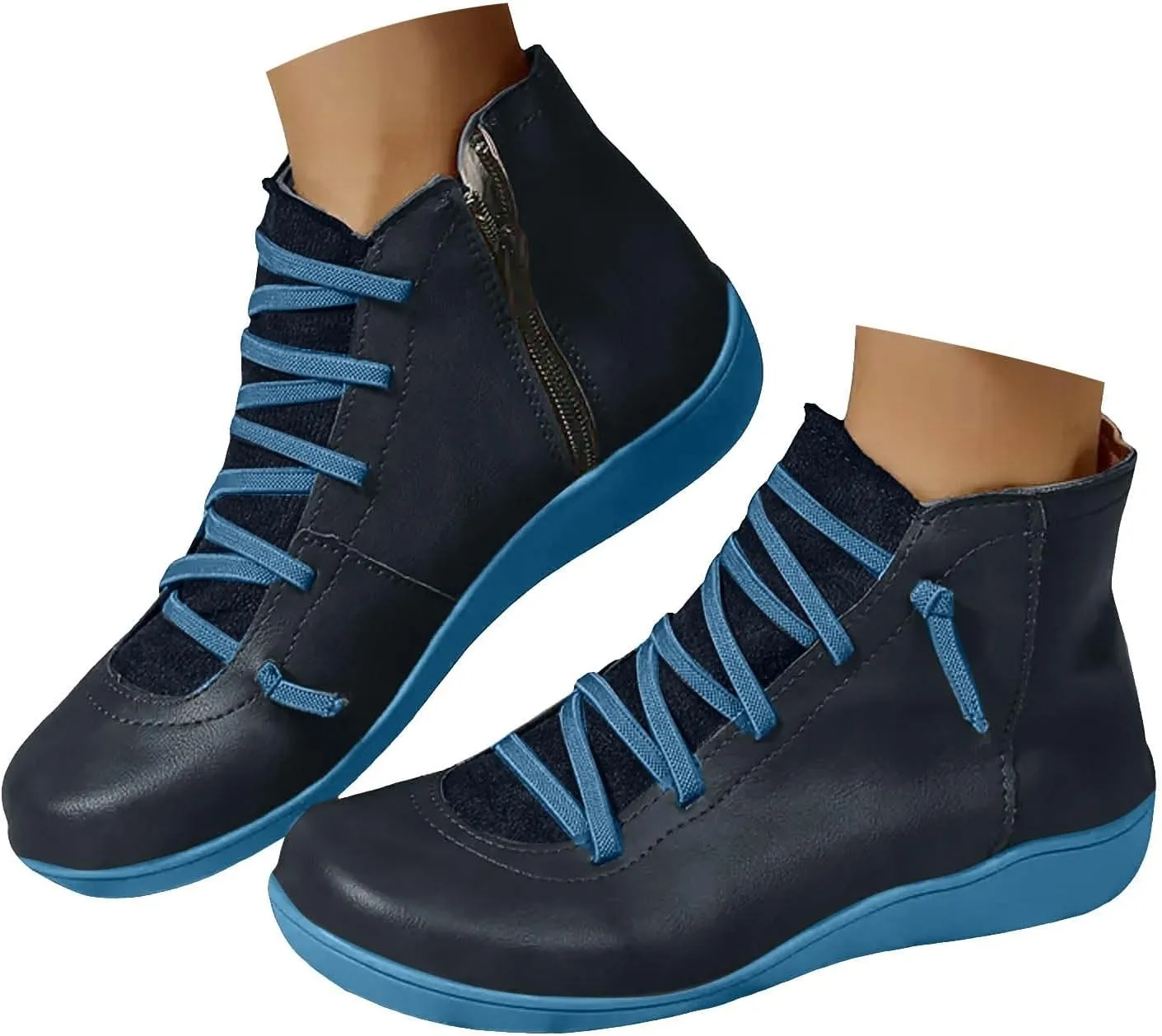 Cathalem Ankle Boots for Women Fall Arch Support Booties Side Zip-up Vintage Leather Damping Shoes Flat Heel Booties