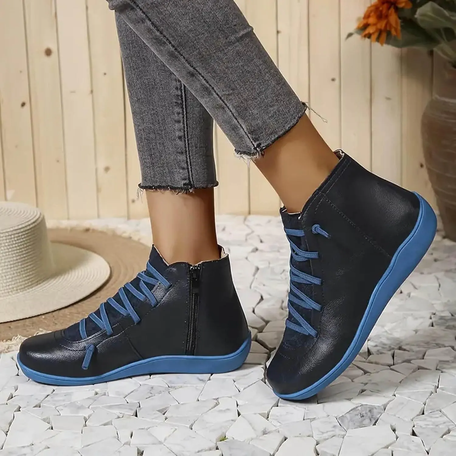 Cathalem Ankle Boots for Women Fall Arch Support Booties Side Zip-up Vintage Leather Damping Shoes Flat Heel Booties