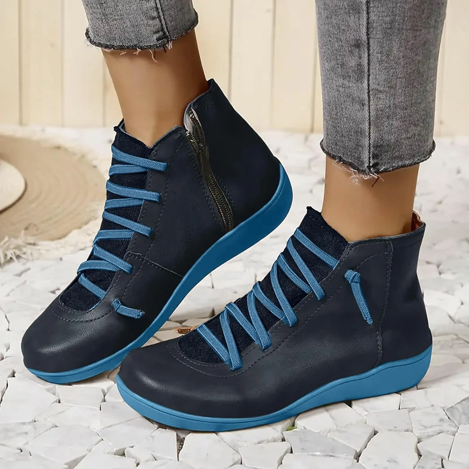 Cathalem Ankle Boots for Women Fall Arch Support Booties Side Zip-up Vintage Leather Damping Shoes Flat Heel Booties