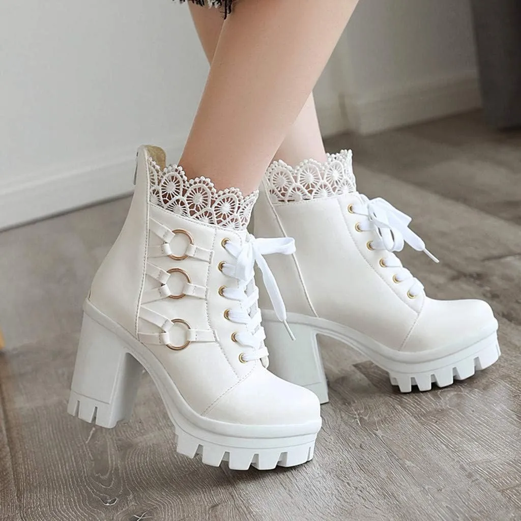 Cathalem Ankle Boots for Women Lace Up Chunky High Heels Ankle Boots Lace Buckle Gothic Booties Zipper Punk Shoes