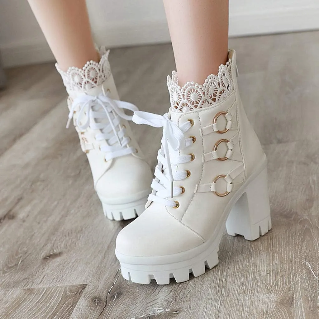 Cathalem Ankle Boots for Women Lace Up Chunky High Heels Ankle Boots Lace Buckle Gothic Booties Zipper Punk Shoes