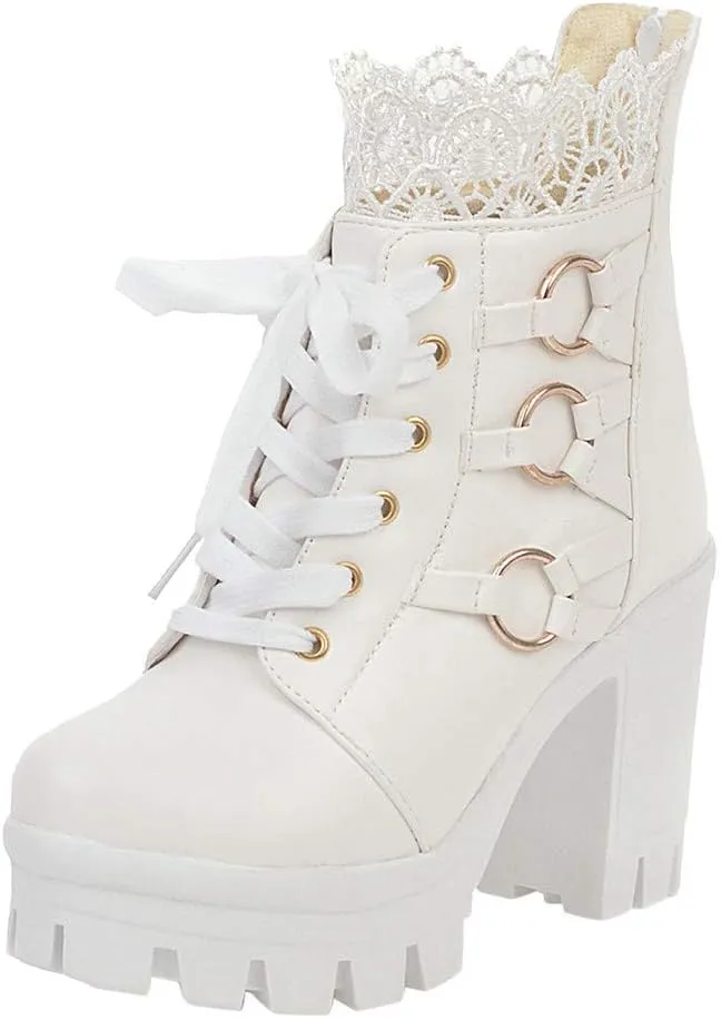 Cathalem Ankle Boots for Women Lace Up Chunky High Heels Ankle Boots Lace Buckle Gothic Booties Zipper Punk Shoes
