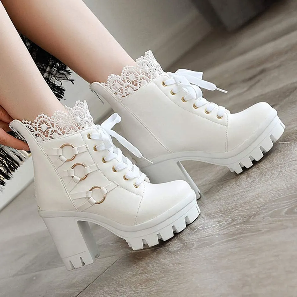 Cathalem Ankle Boots for Women Lace Up Chunky High Heels Ankle Boots Lace Buckle Gothic Booties Zipper Punk Shoes