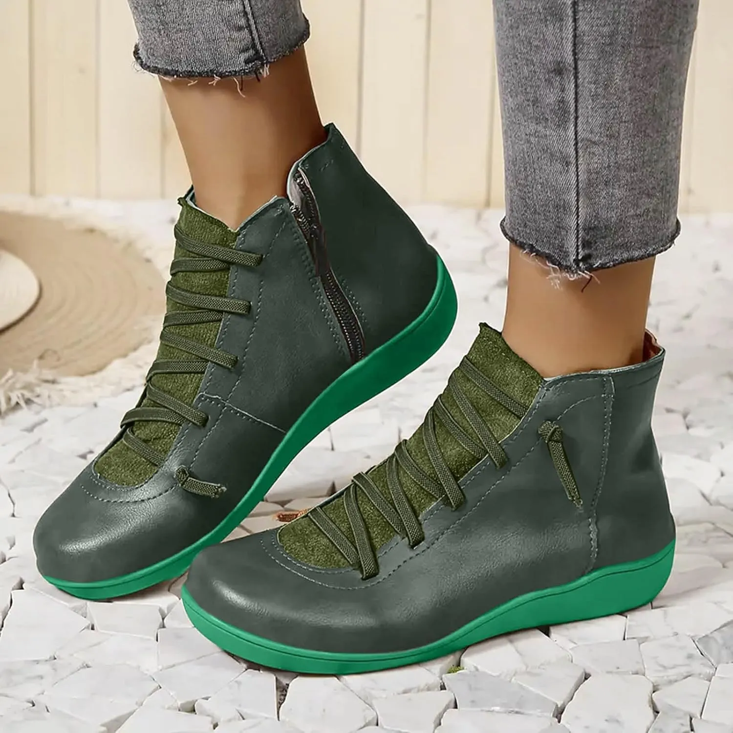 Cathalem Ankle Boots for Women Premium Orthopedic Boots Arch Support Leather Comfortable Side Zip Wedge Booties