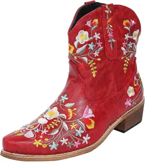 Cathalem Boots for Women, Women Flower Embroidered Ankle Cowgirl Boots Square Toe Western Boots Chunky Heel Pull On Boots