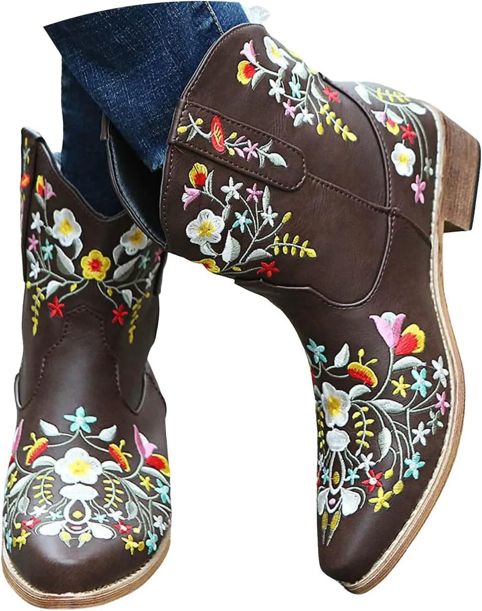 Cathalem Boots for Women, Women Flower Embroidered Ankle Cowgirl Boots Square Toe Western Boots Chunky Heel Pull On Boots