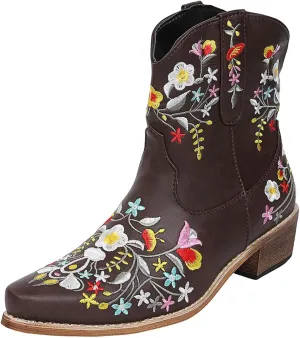 Cathalem Boots for Women, Women Flower Embroidered Ankle Cowgirl Boots Square Toe Western Boots Chunky Heel Pull On Boots