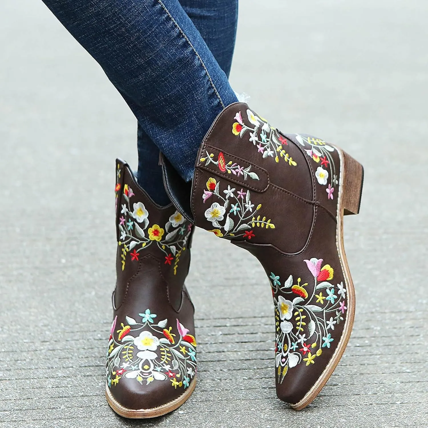 Cathalem Boots for Women, Women Flower Embroidered Ankle Cowgirl Boots Square Toe Western Boots Chunky Heel Pull On Boots