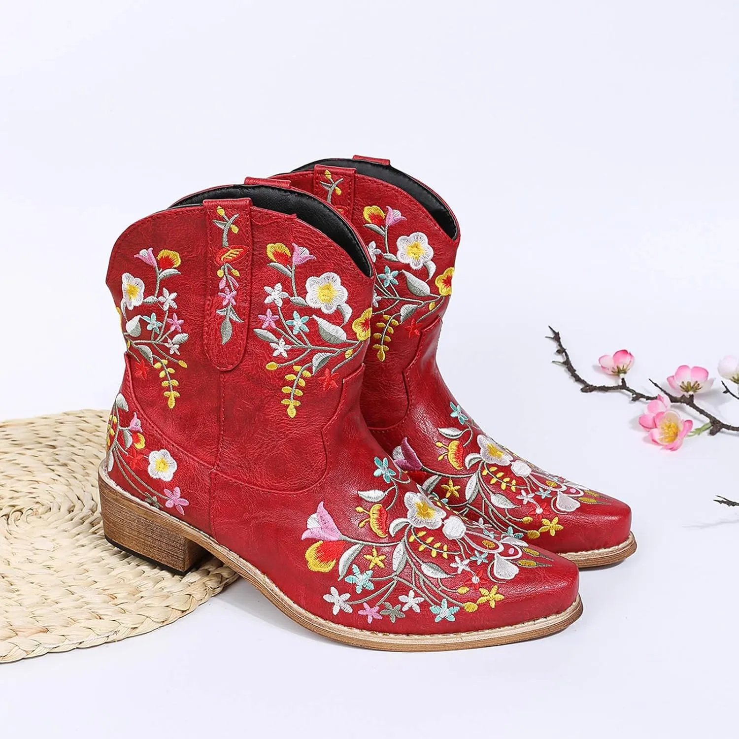 Cathalem Boots for Women, Women Flower Embroidered Ankle Cowgirl Boots Square Toe Western Boots Chunky Heel Pull On Boots