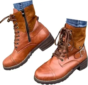 Cathalem Combat Boots for Women Casual Retro Leather Buckle Color Blocking Lace Up Chunky Heel Mid Calf Boots Thermal Boots