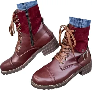Cathalem Combat Boots for Women Casual Retro Leather Buckle Color Blocking Lace Up Chunky Heel Mid Calf Boots Thermal Boots