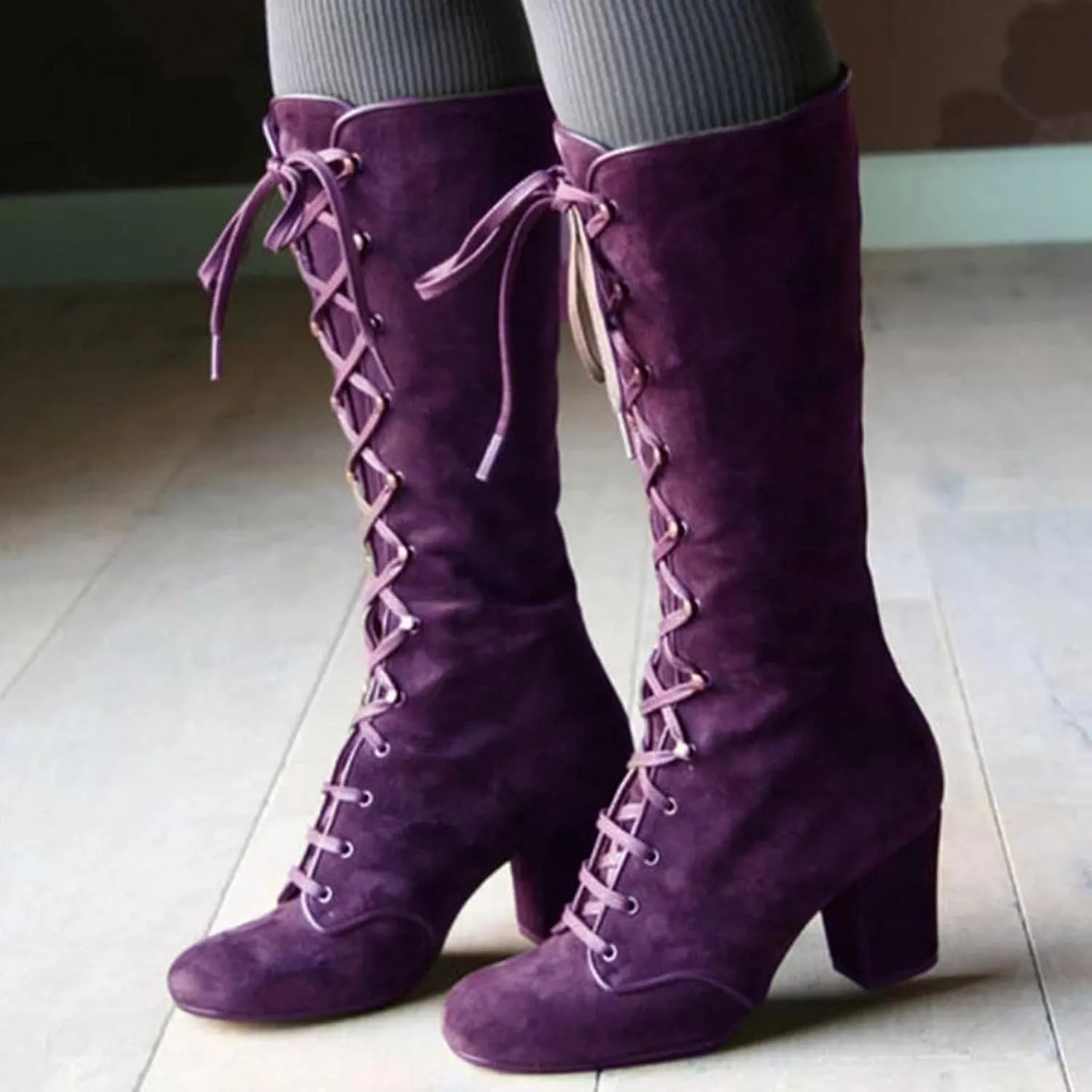 Cathalem Knee High Boots for Women Chunky Heel Boots Medieval Victorian Boots Lace Up Mid Calf Boots Goth Cosplay Costume