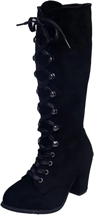 Cathalem Knee High Boots for Women Chunky Heel Boots Medieval Victorian Boots Lace Up Mid Calf Boots Goth Cosplay Costume