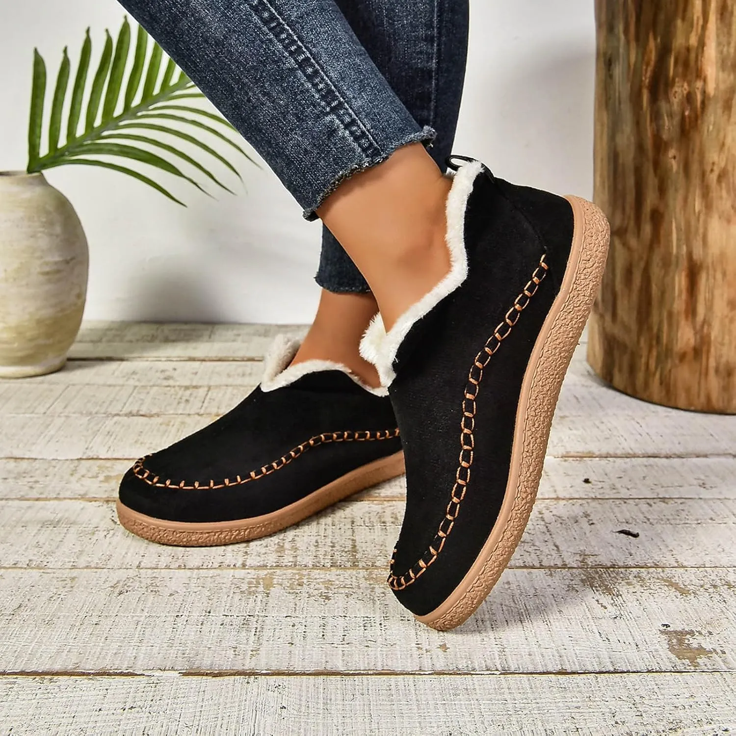 Cathalem Snow Boots for Women Winter Warm Booties Fur Lined Anti-Slip Ankle Boots Outdoor Slip On Booties Comfortable Warm Shoes