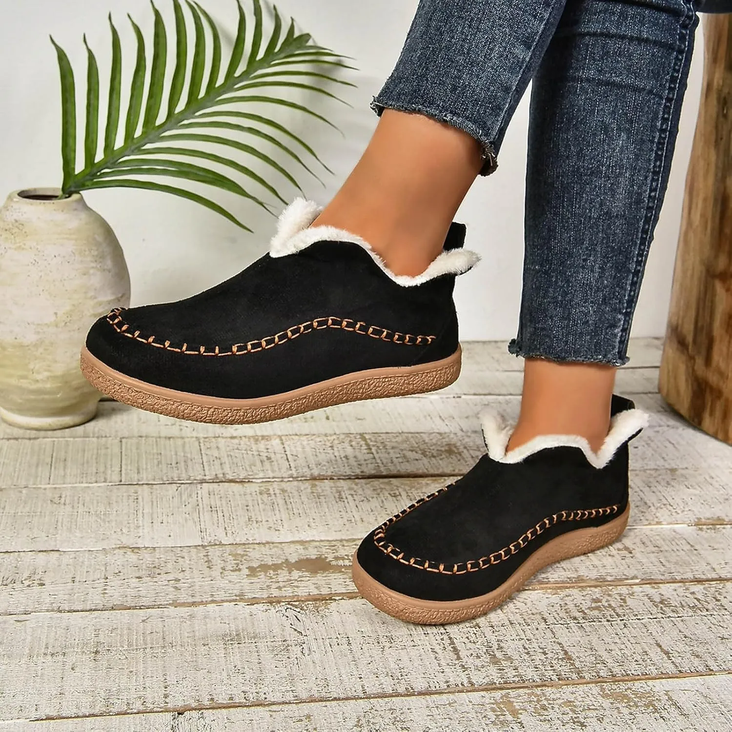 Cathalem Snow Boots for Women Winter Warm Booties Fur Lined Anti-Slip Ankle Boots Outdoor Slip On Booties Comfortable Warm Shoes