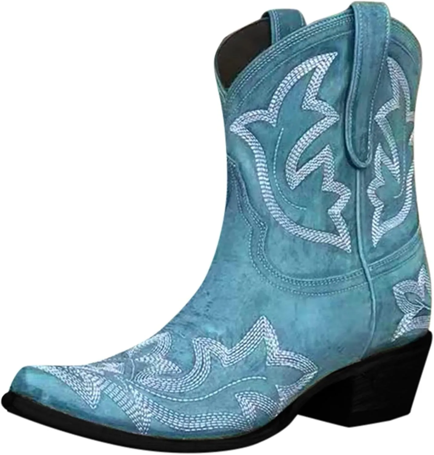 Cowboy Boots for Women Embroided Western Cowgirl Boots Pull on Ankle Boots Pointed Toe Boots Chunky Heel Pull On Short Boots