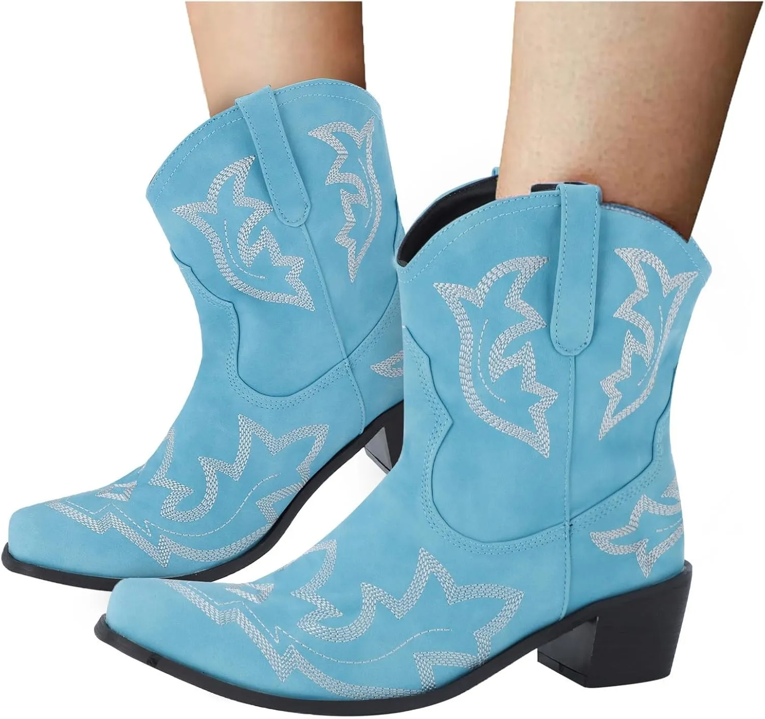 Cowboy Boots for Women Embroided Western Cowgirl Boots Pull on Ankle Boots Pointed Toe Boots Chunky Heel Pull On Short Boots