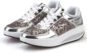 Hbeylia Platform Fashion Sneakers For Women Glitter Squin Leather Fashion Casual Chunky Bottom High Heels Low Top Canvas Shoes Casual Anti Skid Lace Up Leather Slip On Walking Loafers Work Shoes