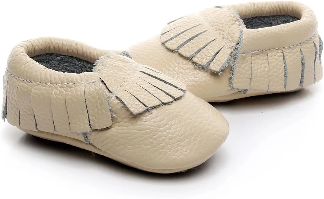 HONGTEYA Leather Baby Moccasins Hard Soled Tassel Crib Toddler Shoes for Boys and Girls…
