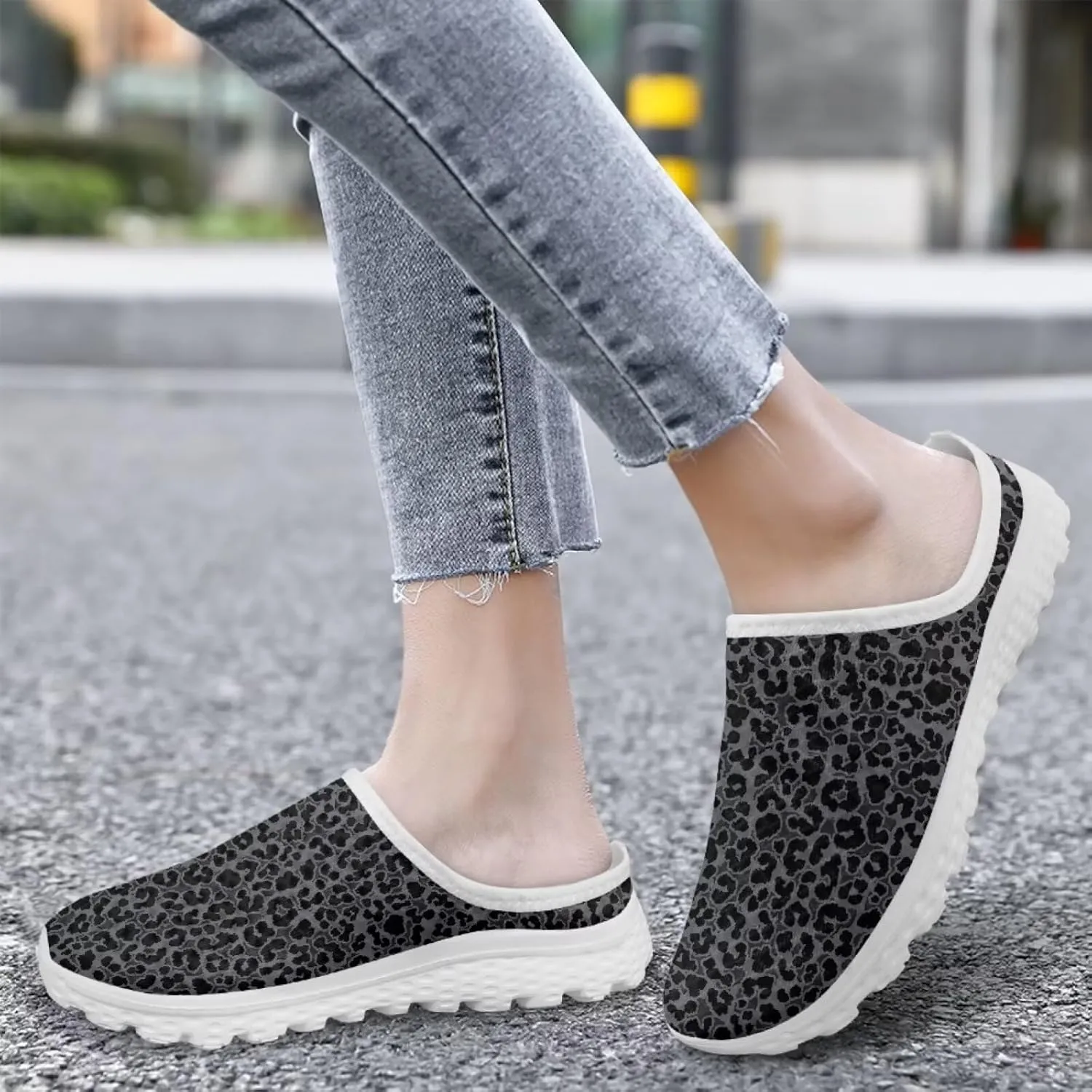 JoyLamoria Animal Print Womens Shoes Mule Lightweight Backless Clog Soft Breathable Sneakers Mesh Sport House