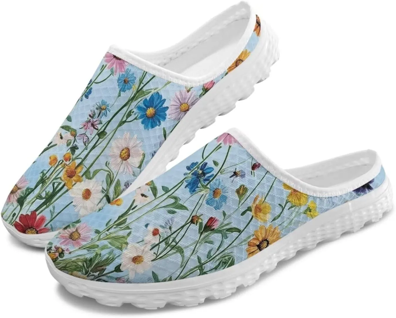 JoyLamoria Flower Pattern Womens Shoes Mule Comfortable Backless Non Slip Casual Clog Soft Sneakers Fashion Sport Walking