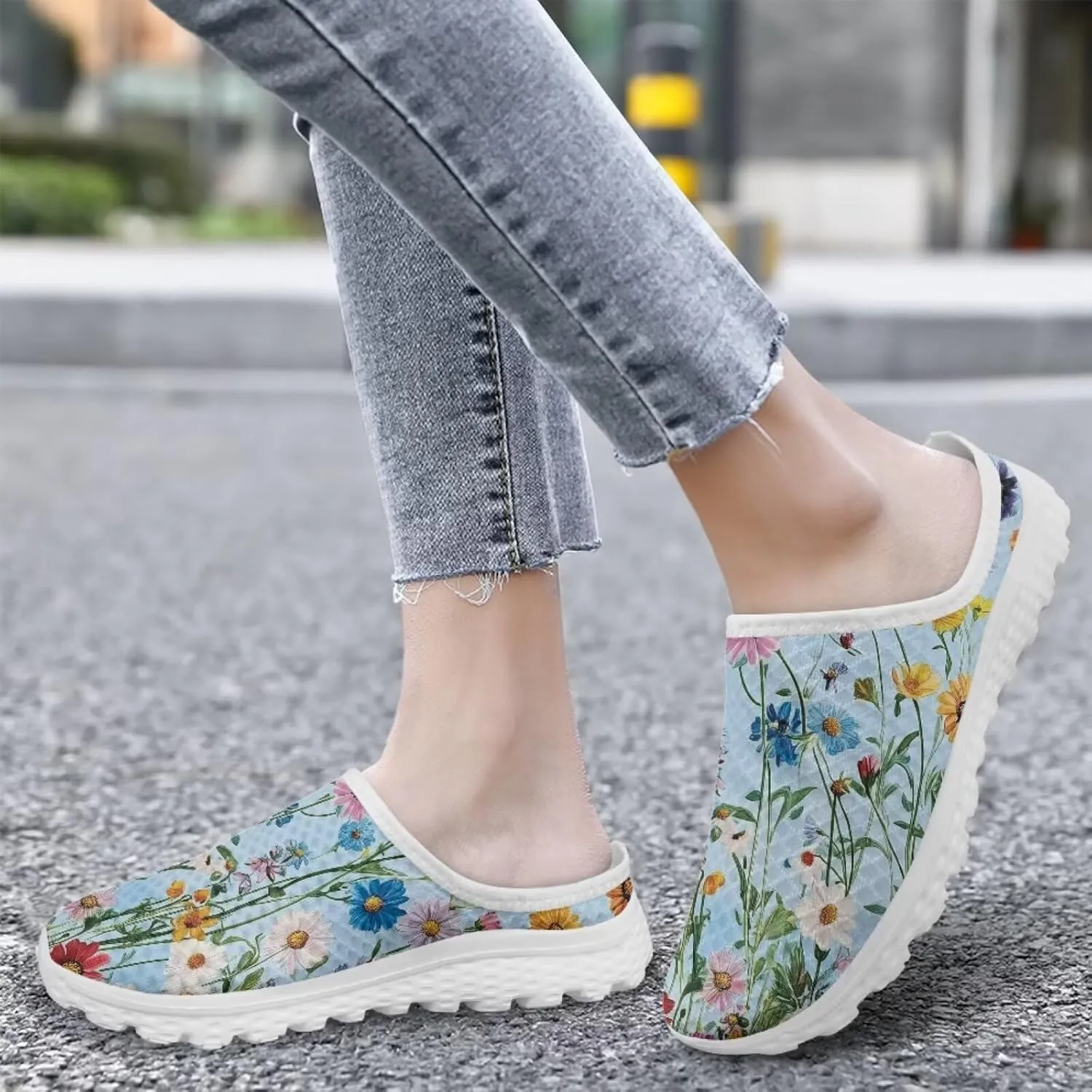 JoyLamoria Flower Pattern Womens Shoes Mule Comfortable Backless Non Slip Casual Clog Soft Sneakers Fashion Sport Walking