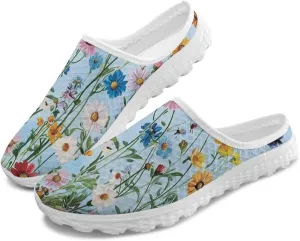 JoyLamoria Flower Pattern Womens Shoes Mule Comfortable Backless Non Slip Casual Clog Soft Sneakers Fashion Sport Walking