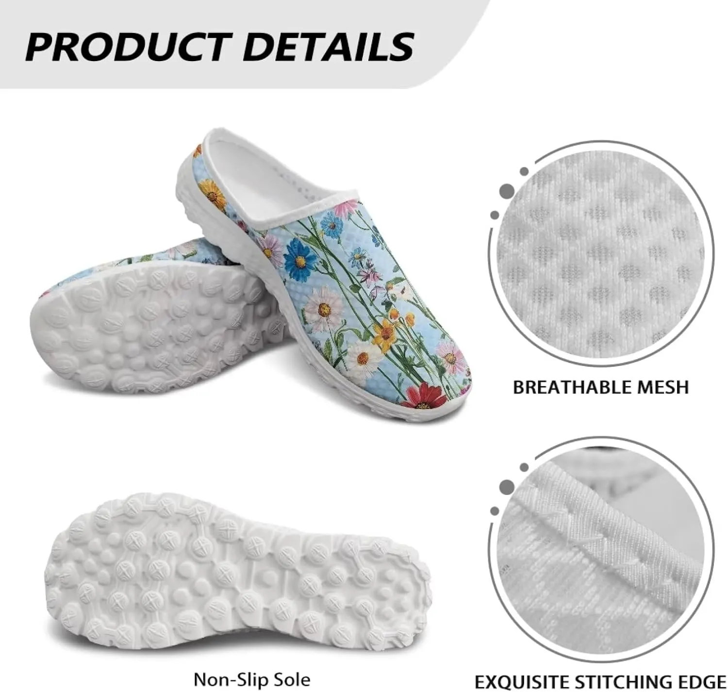 JoyLamoria Flower Pattern Womens Shoes Mule Comfortable Backless Non Slip Casual Clog Soft Sneakers Fashion Sport Walking