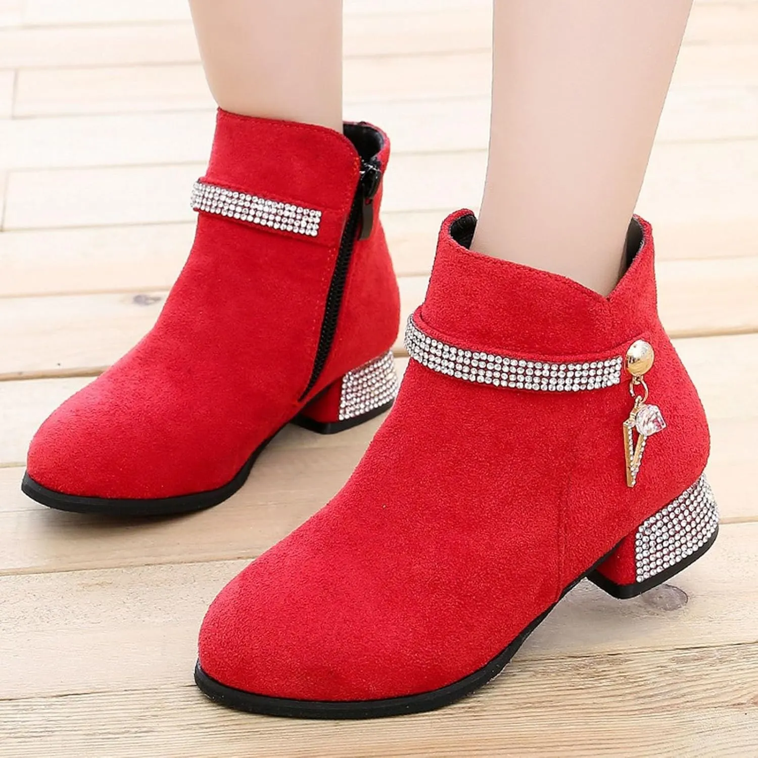 Kids Winter Boots Girls Dress Boots Short Shoes Girls Ankle Boots Low Heel Side Zipper Fall Winter Booties Outdoor Shoes