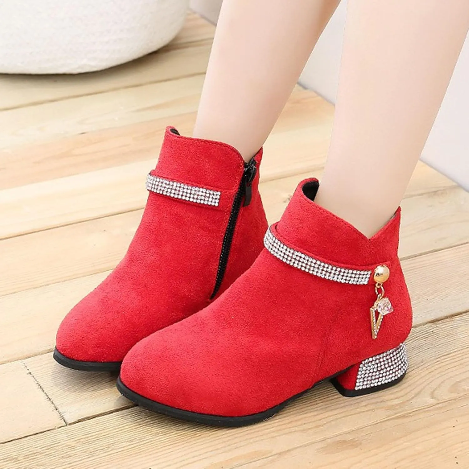 Kids Winter Boots Girls Dress Boots Short Shoes Girls Ankle Boots Low Heel Side Zipper Fall Winter Booties Outdoor Shoes