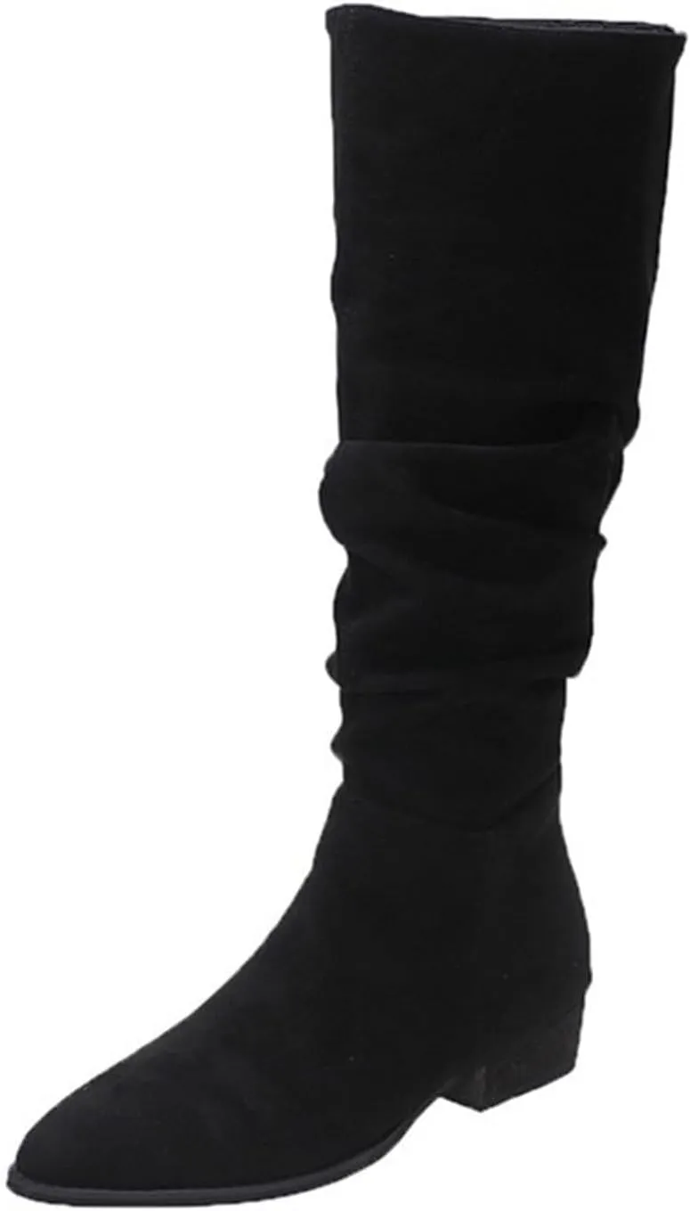 Knee Hight Boots for Women Pointed Toe Knee-High Boots Mid Chunky Heel Pull On Zippers Faux Cowboy Fashion Winter